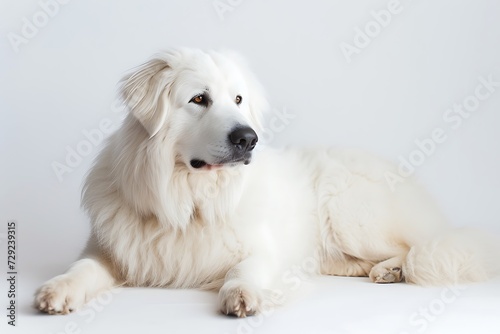 A Great Pyrenees white dog with pink tongue sitting in, in the style of white background, northern and southern dynasties