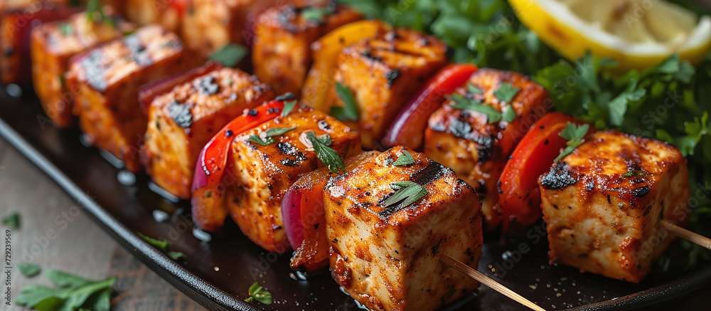 dish of tofu skewers with lemon and garlic. dish of tofu skewers with lemon and garlic.