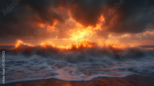 A surreal seascape, with liquid gold reflections as the background, during a cosmic storm