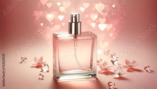 A bottle of perfume with a red festive ribbon with a heart on a red background with hearts.Valentine