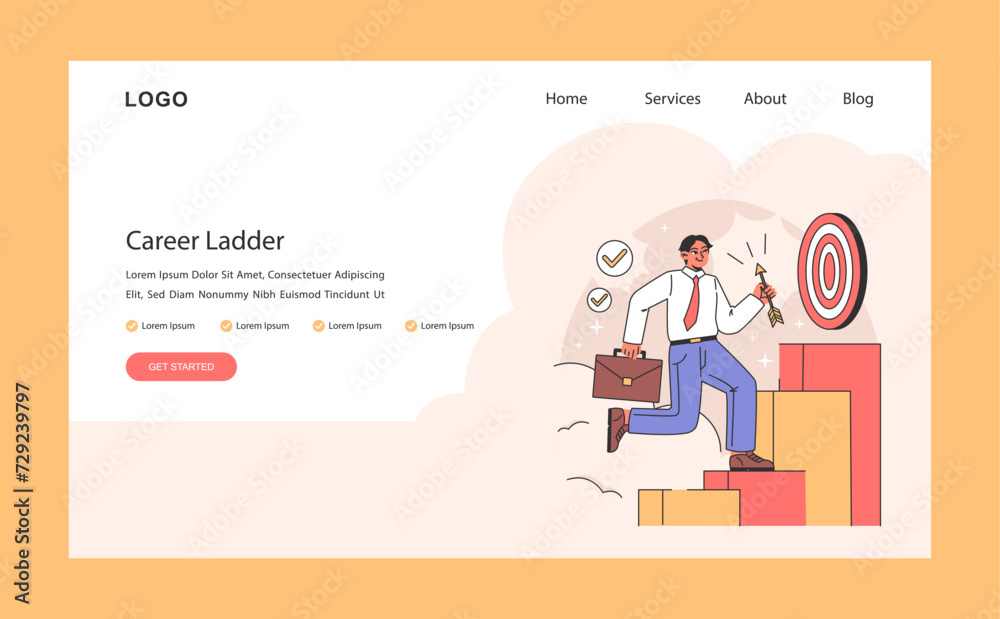 Career ladder web or landing. Ascent to success and goal achievement with ambition and effort. Business man climbing the corporate steps with confidence and aim. Flat vector illustration. Career ladder web or landing. Ascent to success and goal achievement with ambition and effort. Business man climbing the corporate steps with confidence and aim. Flat vector illustration.