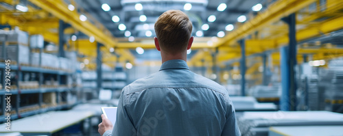 A man in a modern factory with a tablet in his hands.