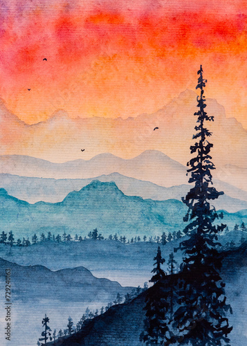 A watercolor painting with a landscape depicting silhouettes of mountains at dawn. watercolor mountains. mountain silhouette  hand-painted background with shades of yellow gold and purple shapes