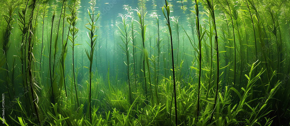 Forest of green algae with tall stems reaching the surface of the water - obrazy, fototapety, plakaty 