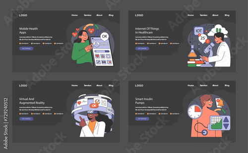 Advanced healthcare interface set. User-friendly mobile health apps, IoT integration in labs, AR in diagnostics, and insulin pump tech. Flat vector illustration.
