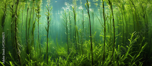 Forest of green algae with tall stems reaching the surface of the water
