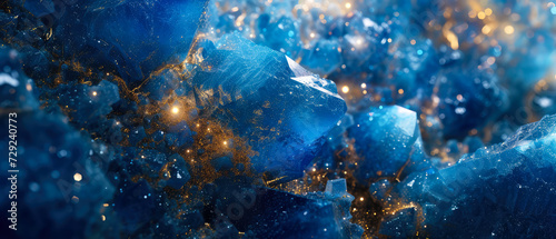 Blue, navy stone,crystals. Textured background with sparkling particles, golden shimmer, lights. Diamond, gevel illustration. Generative ai.