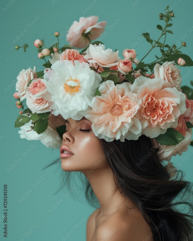 Side view of a woman with eyes closed, adorned with an elegant floral arrangement on her head