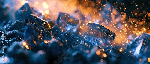 Blue, navy stone,crystals. Textured background with sparkling particles, golden shimmer, lights. Diamond, gevel illustration. Generative ai.
