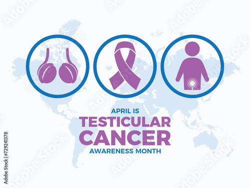 April is Testicular Cancer Awareness Month poster vector illustration. Purple cancer awareness ribbon, testicle round icon set. Male reproductive system symbol. Suitable for card, banner and poster