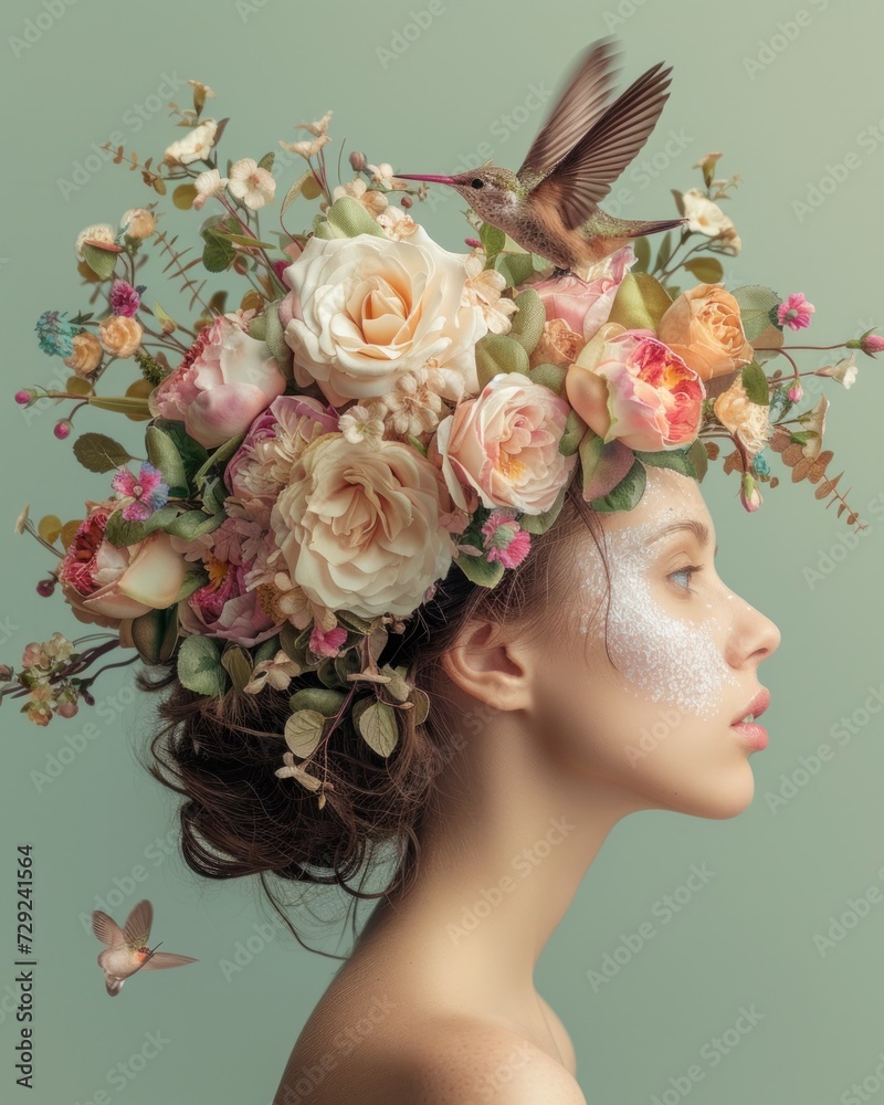 Beautiful composition of a woman adorned with a blooming floral arrangement on her head, accompanied by a hummingbird