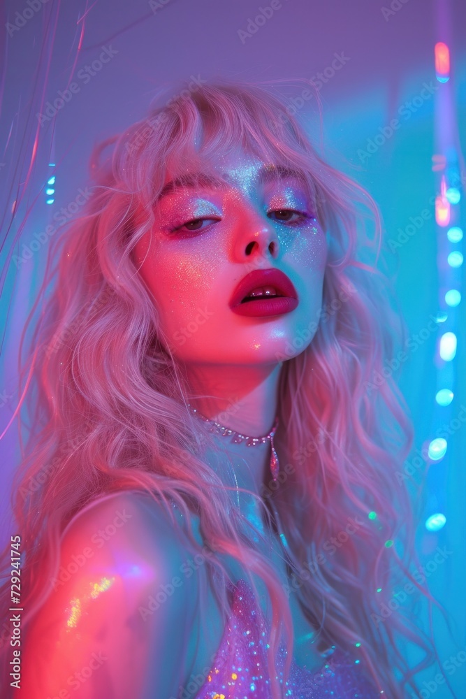Enigmatic blonde woman with sparkling makeup under the allure of pink and blue neon lighting