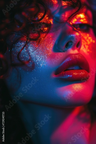 Close-up of a woman's face bathed in dramatic red and blue light, highlighting her glitter-covered features