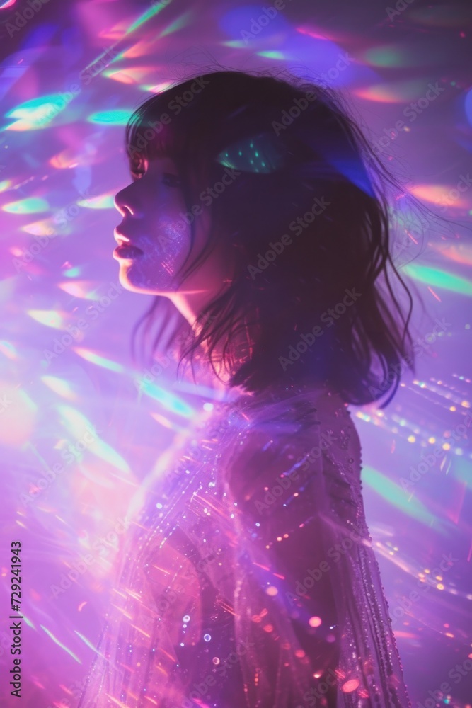 Artistic portrait of a young woman enveloped in a dreamlike play of multicolored light reflections