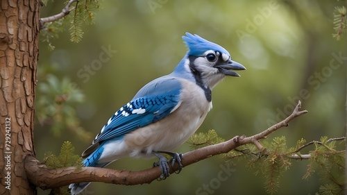 Curious blue jay examining it's surrounding from a treetop, blue jay on a branch  © Waqasiii_Arts 