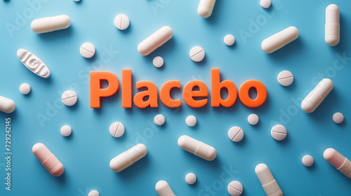 Inscription "Placebo" Surrounded by Pills on Blue Surface. Concept of health, evidence-based medicine, vitamins, modern science.