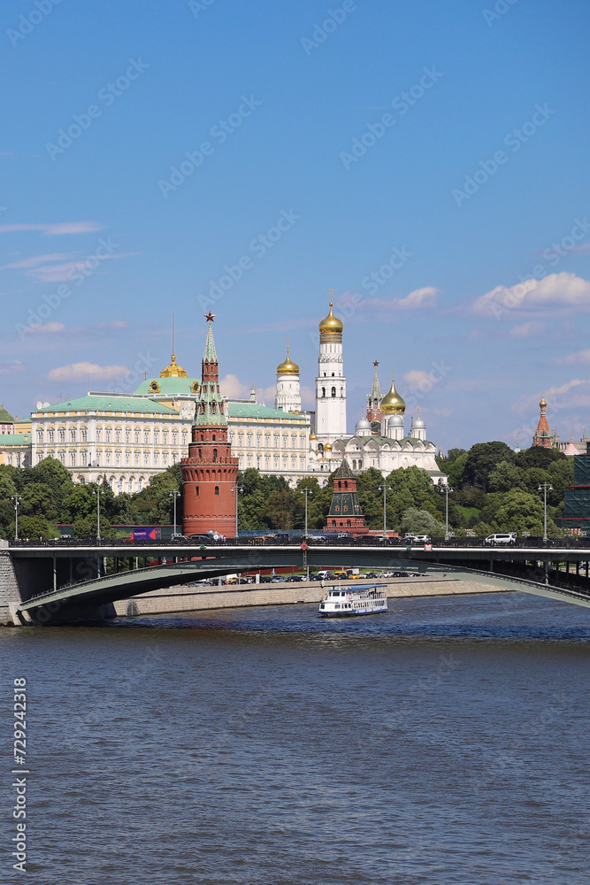 Beautiful view of Kremlin, Moskva river and orthodox church with golden domes in Moscow. Russia.