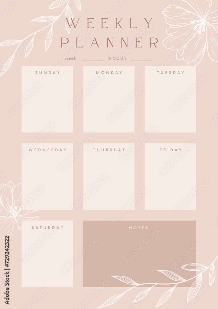 Elegant foliages Weekly Planner with notes, blush color