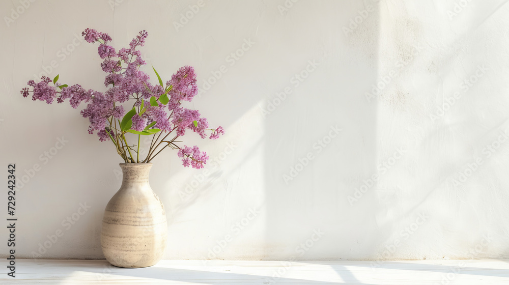 A Vase Filled With Purple Flowers Is Sitting On A Table In Front Of A White Wall