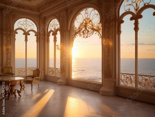 Ornate room overlooking a serene sunset, casting long shadows and a golden glow over the sea