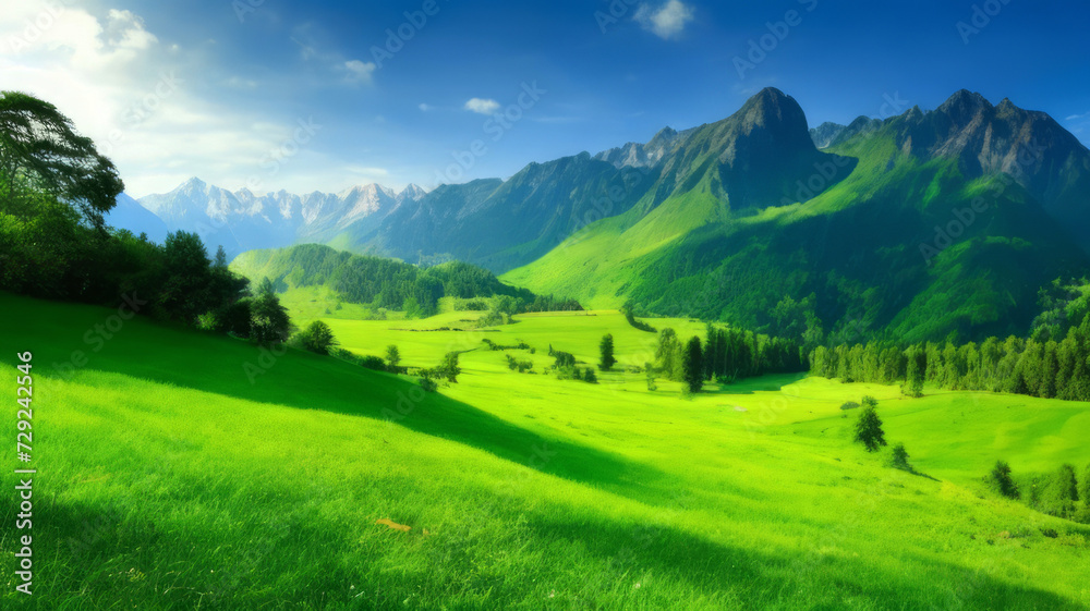 Fototapeta premium Very beautiful mountain and natural views in the morning, with nice green grass
