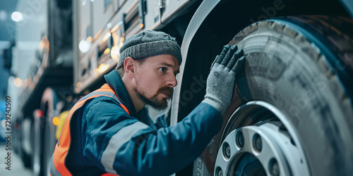 Auto mechanic checking truck wheels, tires photo