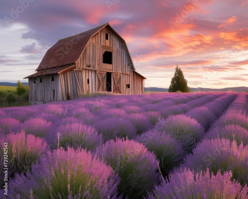 Serene countryside landscape with a rustic barn in a blooming lavender field during dusk