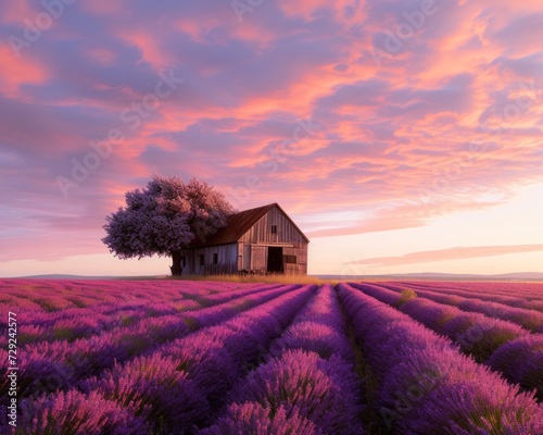 Dreamlike image of a tree and barn amidst a blooming lavender field under a pink sunrise sky