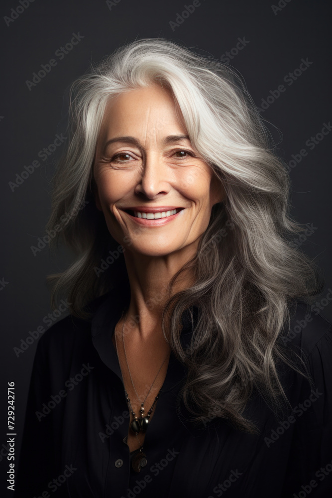 Fototapeta premium A beautiful aging mature woman with long gray hair and happy smiling touch face.