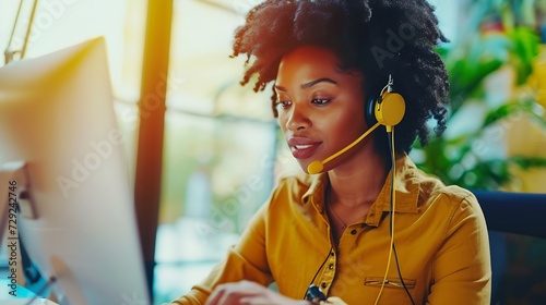 Black woman, call center and consulting on laptop in customer service, support or telemarketing at home. African freelance person or consultant agent talking on computer with headset i : Generative AI photo