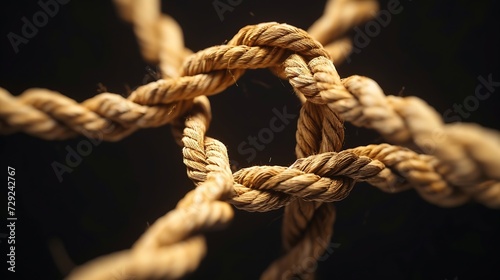 United Business and team Unity or corporate connection partnership as ropes shaped as a circle in a group of diverse strings connected together on a black background. : Generative AI