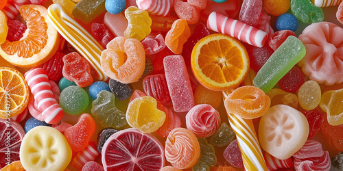 The assortment of sour candies includes very sour soft fruit chewing candies, keys, tart candies in strips and tubes.