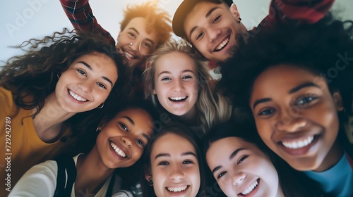 Diverse group of happy young best friends having fun taking selfie photo together - International youth community people concept with multiethnic teenage people smiling at camera on se : Generative AI photo