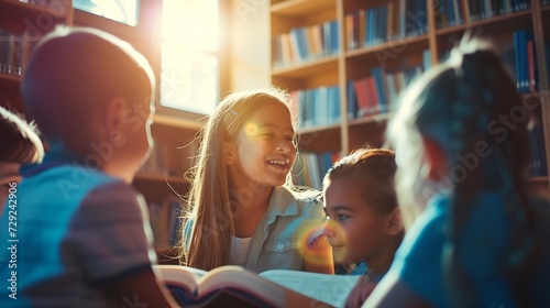 Education, books or students reading in a library for group learning development or growth. Storytelling, kids or happy children talking together for knowledge on funny fantasy stories : Generative AI