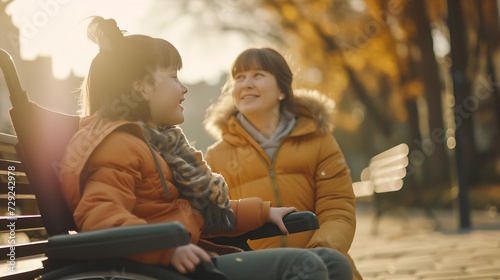 Cheerful girl with disability having fun with mother sitting on bench : Generative AI