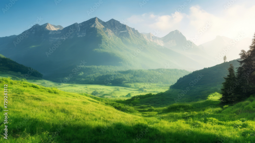 Very beautiful mountain and natural views in the morning, with nice green grass
