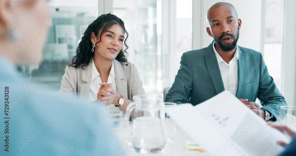 Business people, brainstorming or woman in a meeting, teamwork or planning in a workplace. Group, employees or manager with presentation or document for partnership, cooperation or project management
