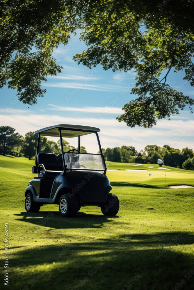 A golf car on the golf course.