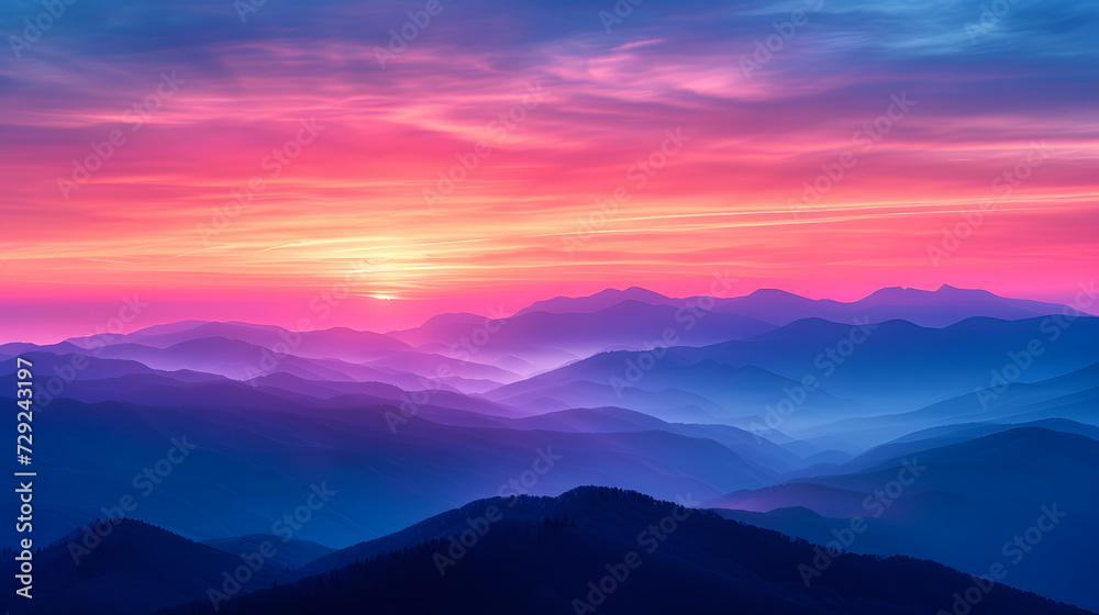 A levitating mountain range, with ethereal colors as the background, during a psychedelic sunrise