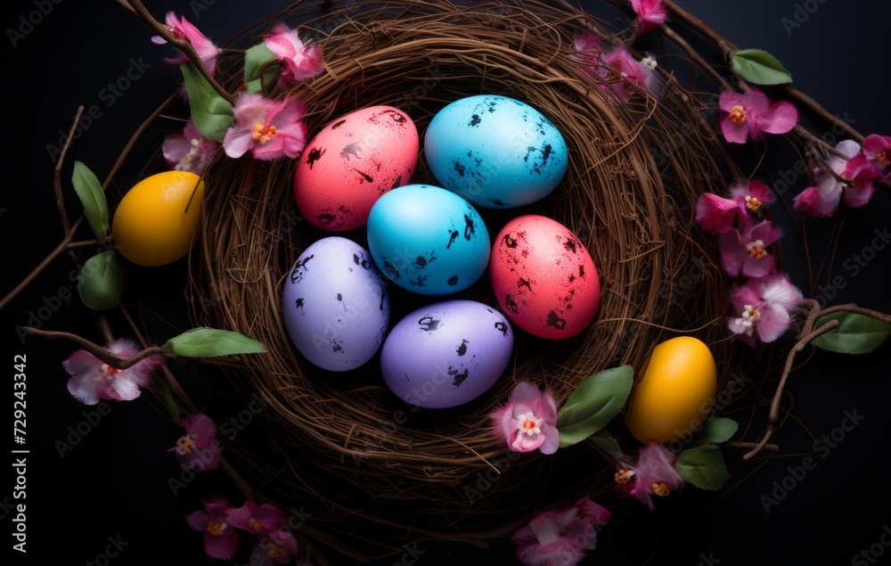 eggs and nest background with copy space. colorful easter eggs and branches on white background eggs and nest background with copy space. colorful easter eggs and branches on white background