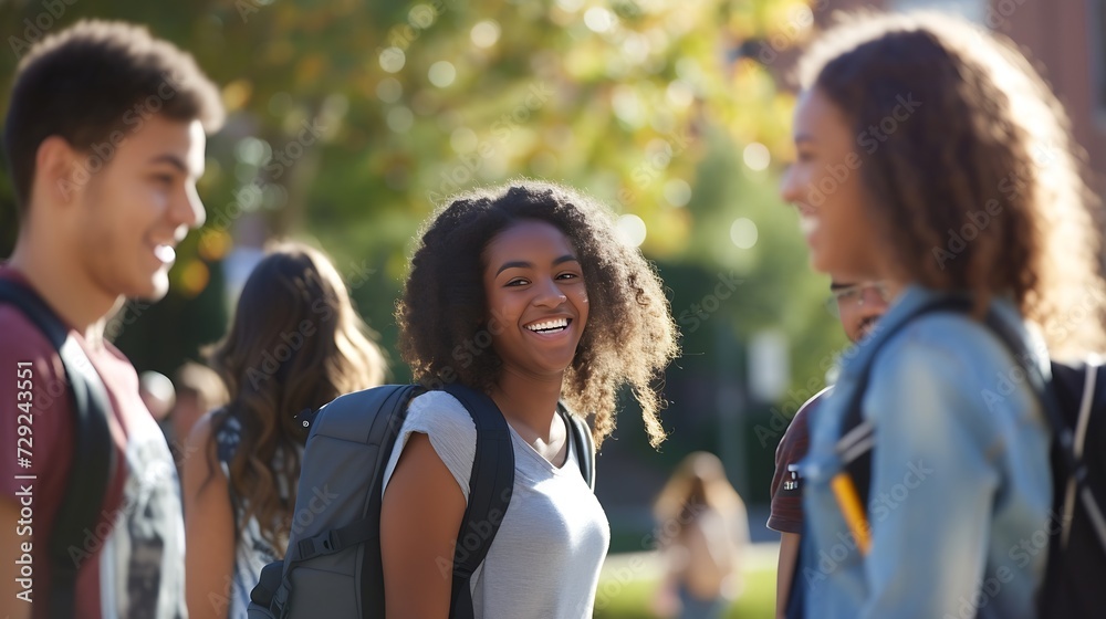 College friends walk to class together. Multiracial university students in campus talk and have fun outdoors. : Generative AI College friends walk to class together. Multiracial university students in campus talk and have fun outdoors. : Generative AI