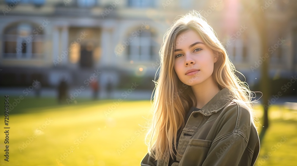 Fototapeta premium Young student in front of university building looking at camera. : Generative AI