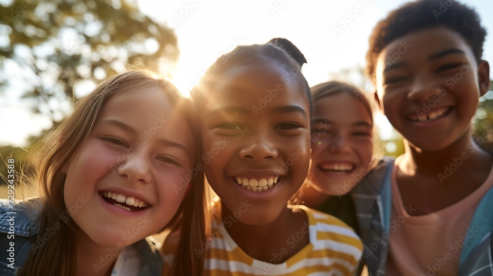 Close up of pre-teen friends in a park smiling to camera : Generative AI Close up of pre-teen friends in a park smiling to camera : Generative AI
