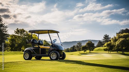 A golf car on the golf course.