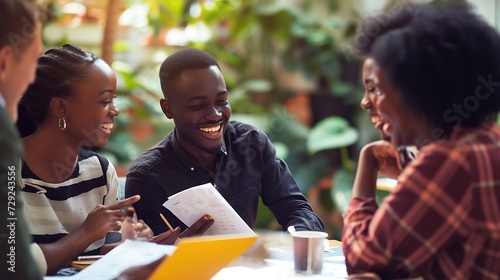 Laughing group of a young African businesspeople going over paperwork together during a casual meeting over coffee in an office : Generative AI photo