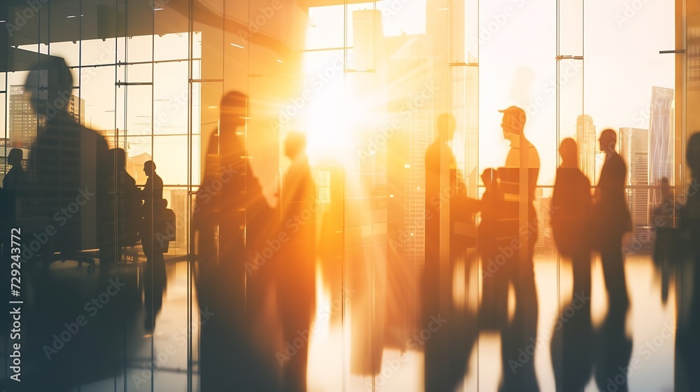 Silhouettes of diverse business people working together, toned image of office interior and skyscrapers. Concept of modern office with managers, partners : Generative AI