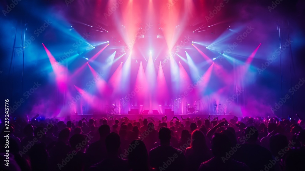 Energetic concert stage with vibrant stage lights, crowd silhouette, and electrifying concert visuals, ideal for music or performance streams Generative AI