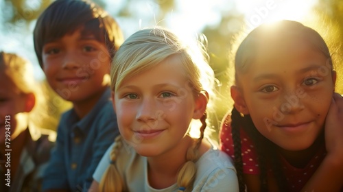 Portrait Of Multi-Cultural Children Hanging Out With Friends In The Countryside Together : Generative AI