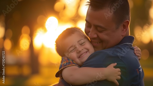 Happy man carrying son with down syndrome at park : Generative AI