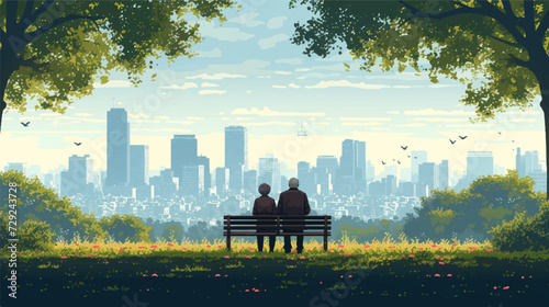 View from back of old couple on a bench of a city Park, vectorial